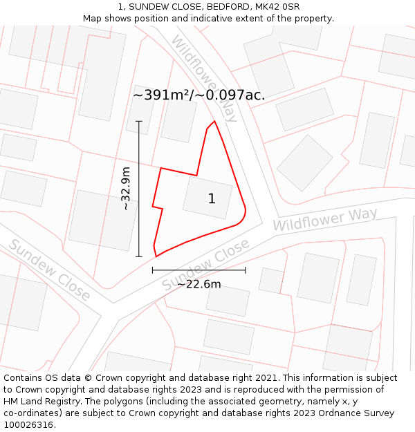 1, SUNDEW CLOSE, BEDFORD, MK42 0SR: Plot and title map