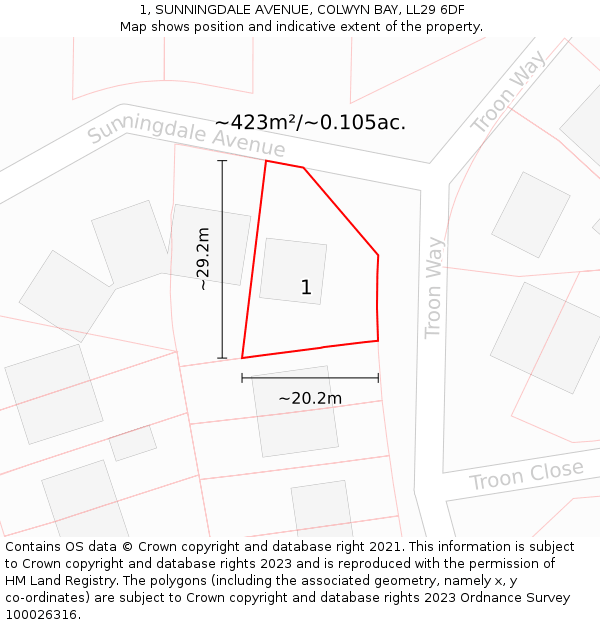 1, SUNNINGDALE AVENUE, COLWYN BAY, LL29 6DF: Plot and title map