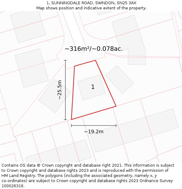 1, SUNNINGDALE ROAD, SWINDON, SN25 3AX: Plot and title map