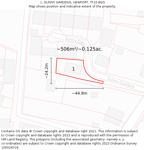 1, SUNNY GARDENS, NEWPORT, TF10 8QG: Plot and title map