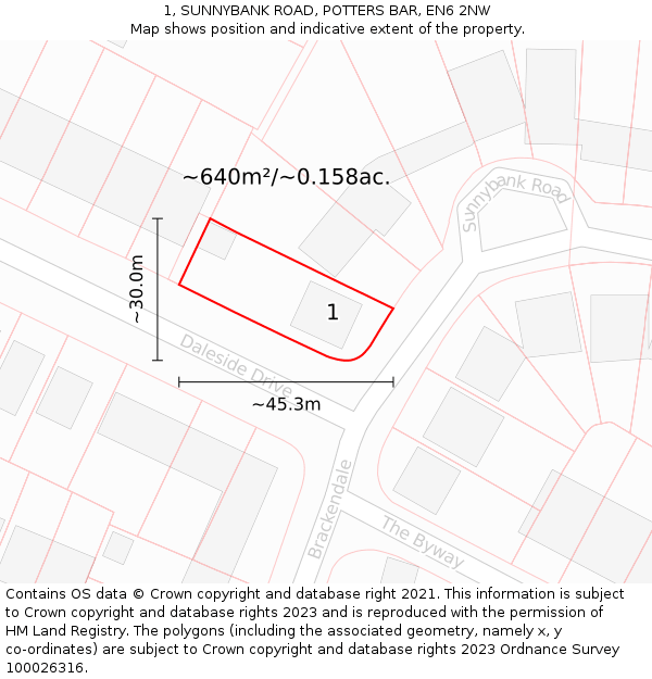 1, SUNNYBANK ROAD, POTTERS BAR, EN6 2NW: Plot and title map