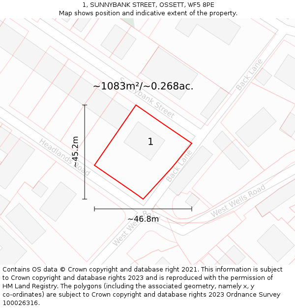 1, SUNNYBANK STREET, OSSETT, WF5 8PE: Plot and title map