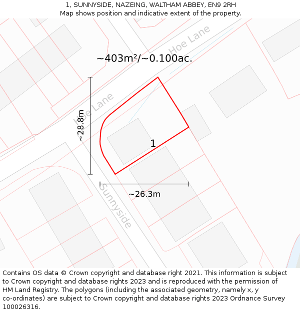 1, SUNNYSIDE, NAZEING, WALTHAM ABBEY, EN9 2RH: Plot and title map