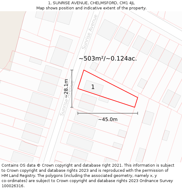 1, SUNRISE AVENUE, CHELMSFORD, CM1 4JL: Plot and title map