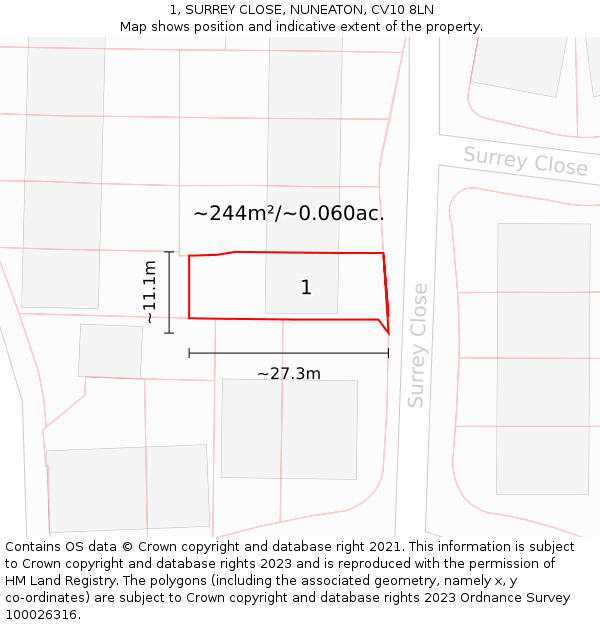 1, SURREY CLOSE, NUNEATON, CV10 8LN: Plot and title map