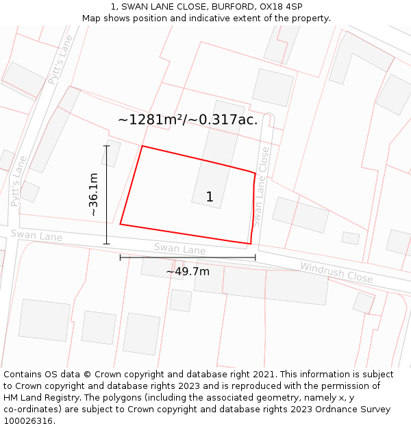 1, SWAN LANE CLOSE, BURFORD, OX18 4SP: Plot and title map