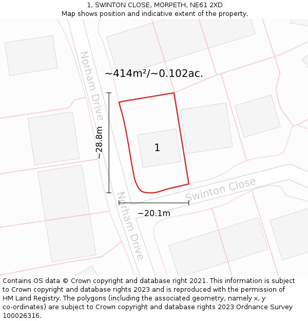 1, SWINTON CLOSE, MORPETH, NE61 2XD: Plot and title map
