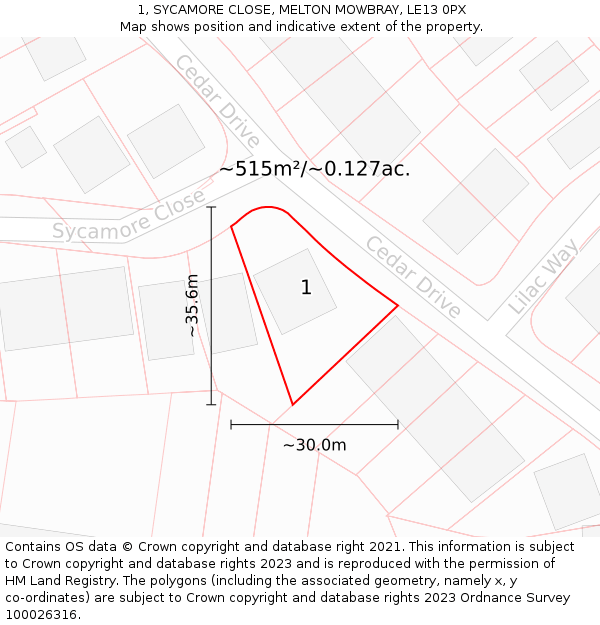 1, SYCAMORE CLOSE, MELTON MOWBRAY, LE13 0PX: Plot and title map