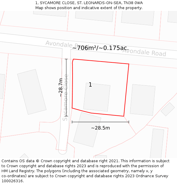 1, SYCAMORE CLOSE, ST. LEONARDS-ON-SEA, TN38 0WA: Plot and title map