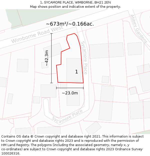 1, SYCAMORE PLACE, WIMBORNE, BH21 2EN: Plot and title map