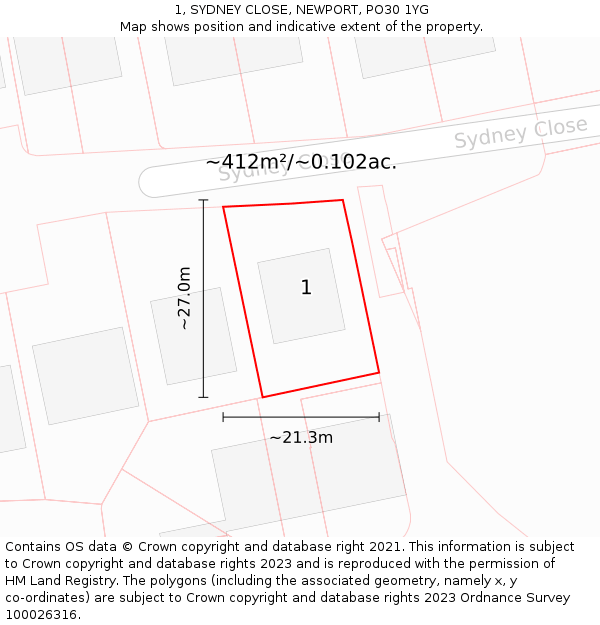 1, SYDNEY CLOSE, NEWPORT, PO30 1YG: Plot and title map