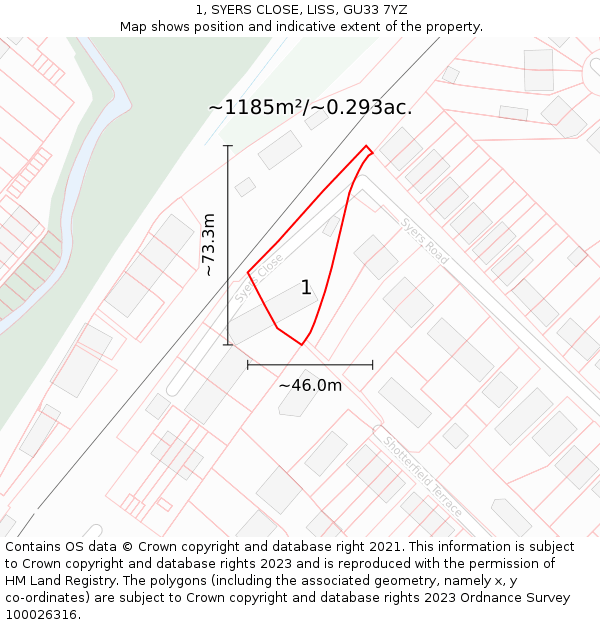 1, SYERS CLOSE, LISS, GU33 7YZ: Plot and title map