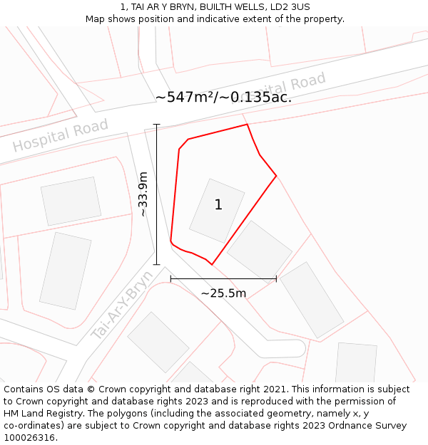 1, TAI AR Y BRYN, BUILTH WELLS, LD2 3US: Plot and title map