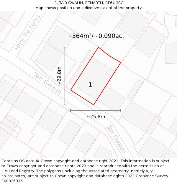 1, TAIR GWAUN, PENARTH, CF64 3RG: Plot and title map