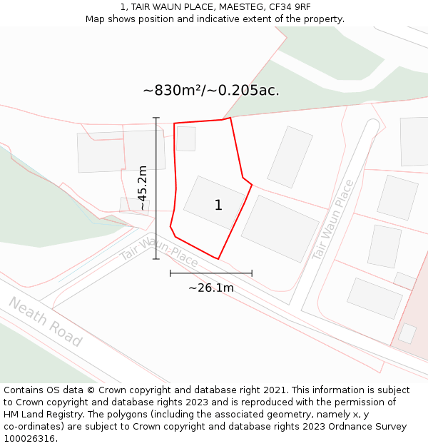 1, TAIR WAUN PLACE, MAESTEG, CF34 9RF: Plot and title map