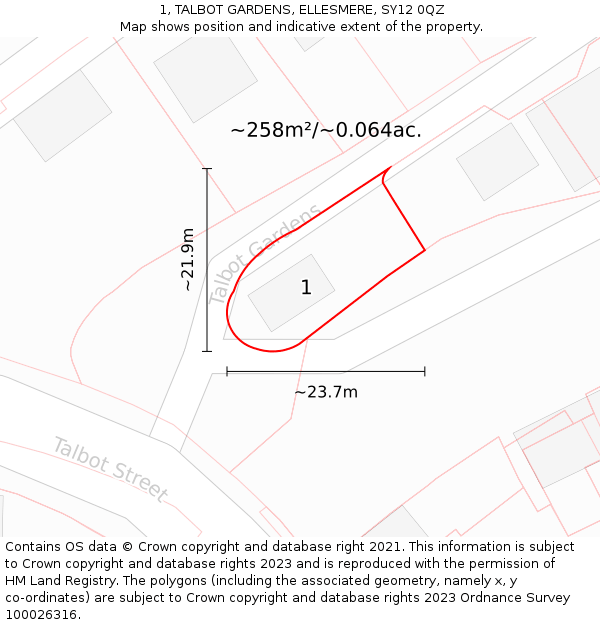 1, TALBOT GARDENS, ELLESMERE, SY12 0QZ: Plot and title map