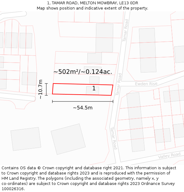 1, TAMAR ROAD, MELTON MOWBRAY, LE13 0DR: Plot and title map