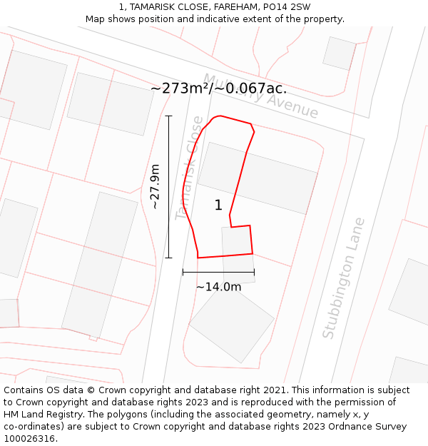 1, TAMARISK CLOSE, FAREHAM, PO14 2SW: Plot and title map