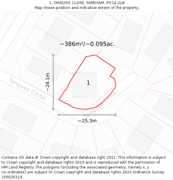 1, TANGYES CLOSE, FAREHAM, PO14 2LW: Plot and title map