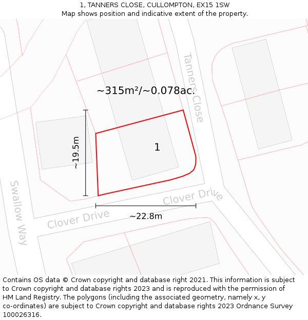 1, TANNERS CLOSE, CULLOMPTON, EX15 1SW: Plot and title map