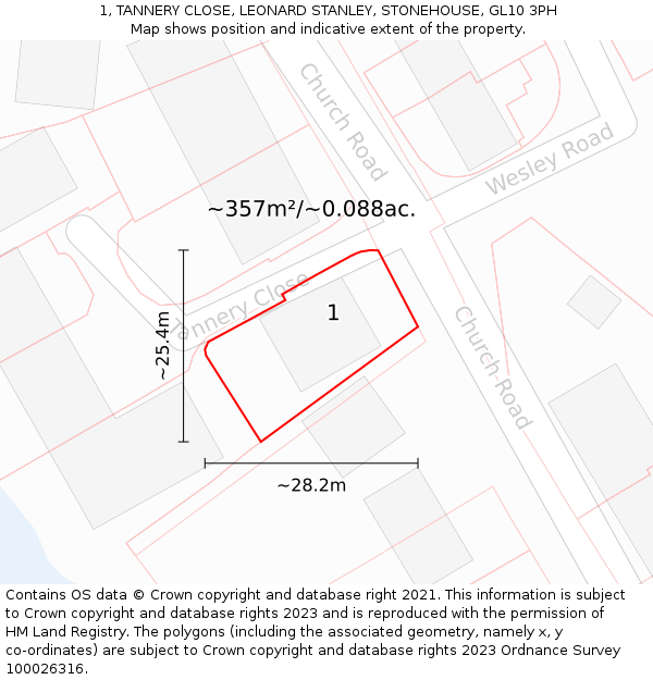 1, TANNERY CLOSE, LEONARD STANLEY, STONEHOUSE, GL10 3PH: Plot and title map