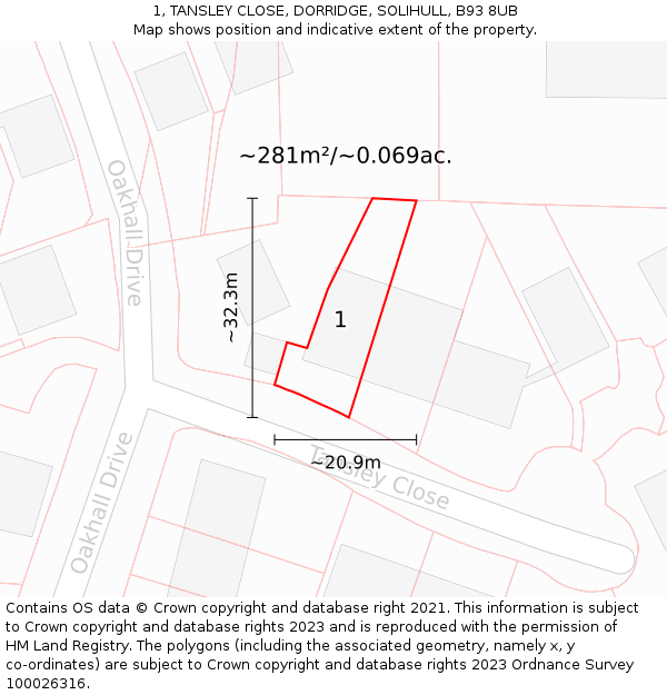 1, TANSLEY CLOSE, DORRIDGE, SOLIHULL, B93 8UB: Plot and title map