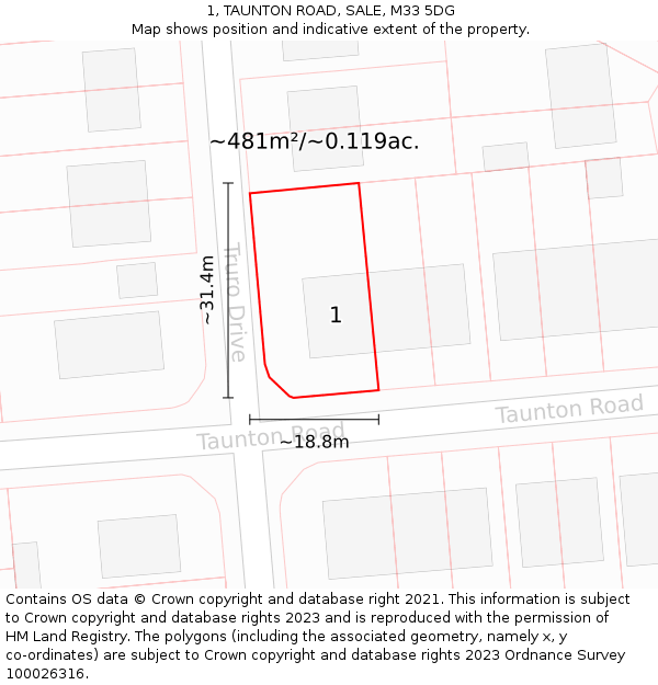 1, TAUNTON ROAD, SALE, M33 5DG: Plot and title map