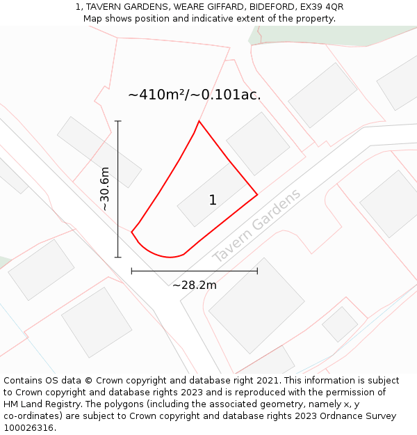 1, TAVERN GARDENS, WEARE GIFFARD, BIDEFORD, EX39 4QR: Plot and title map