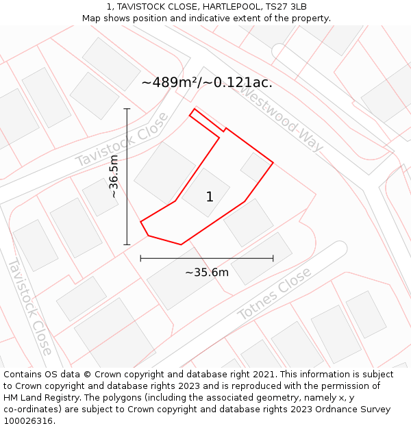 1, TAVISTOCK CLOSE, HARTLEPOOL, TS27 3LB: Plot and title map