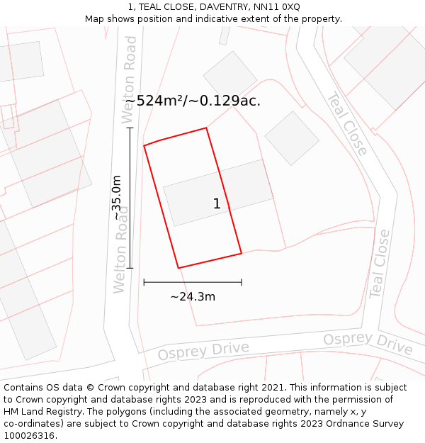 1, TEAL CLOSE, DAVENTRY, NN11 0XQ: Plot and title map