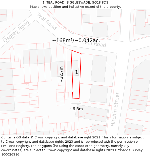 1, TEAL ROAD, BIGGLESWADE, SG18 8DS: Plot and title map