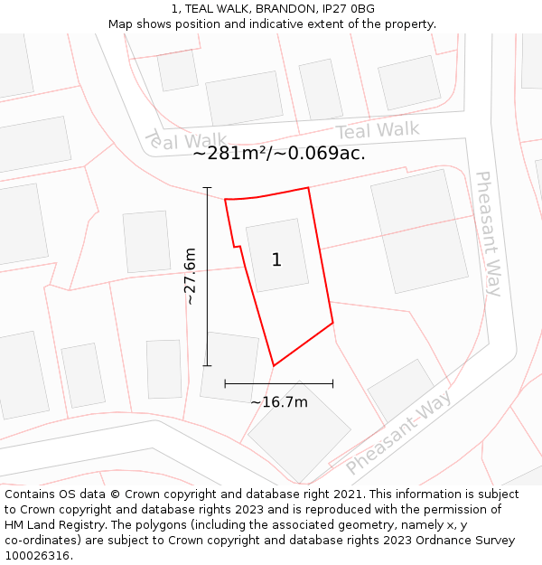 1, TEAL WALK, BRANDON, IP27 0BG: Plot and title map