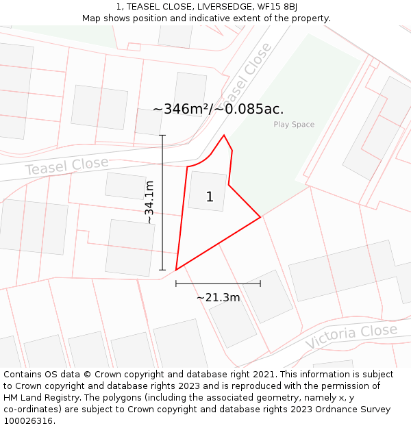 1, TEASEL CLOSE, LIVERSEDGE, WF15 8BJ: Plot and title map