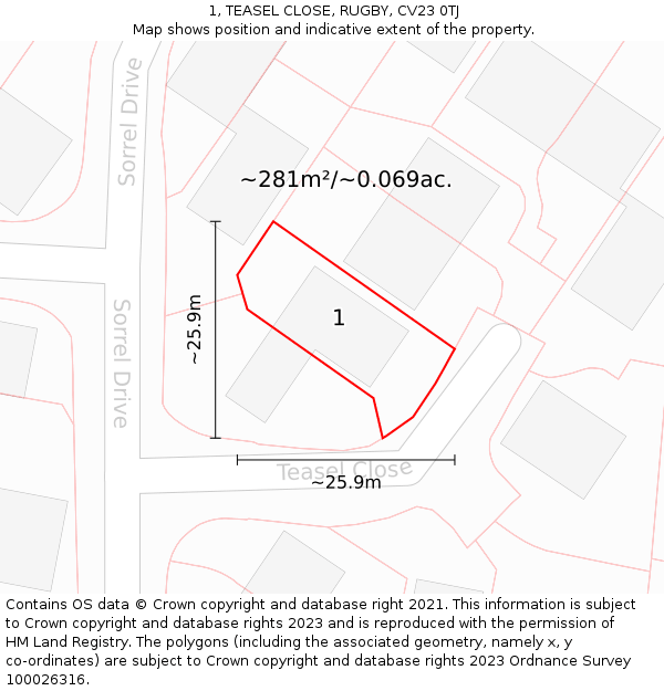 1, TEASEL CLOSE, RUGBY, CV23 0TJ: Plot and title map