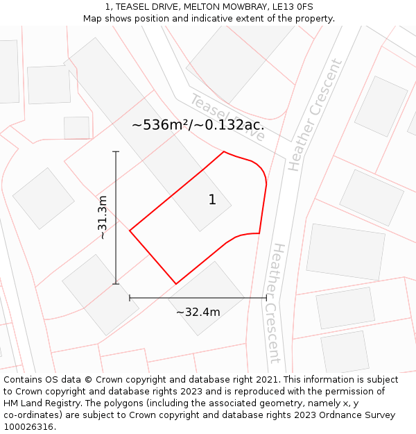 1, TEASEL DRIVE, MELTON MOWBRAY, LE13 0FS: Plot and title map