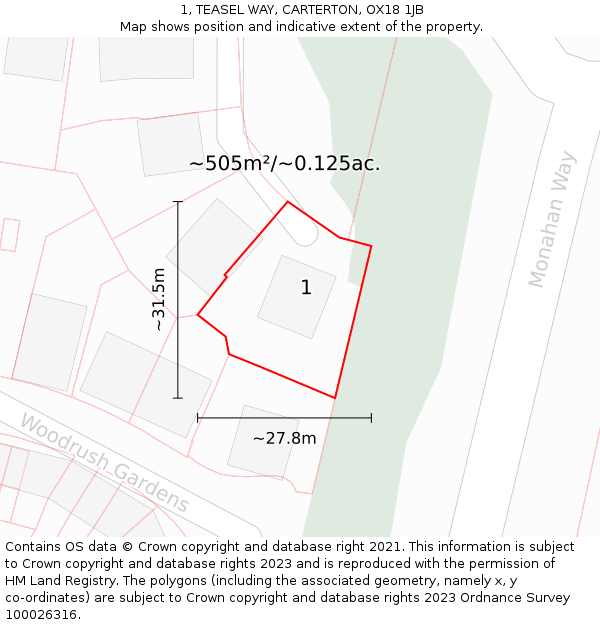 1, TEASEL WAY, CARTERTON, OX18 1JB: Plot and title map