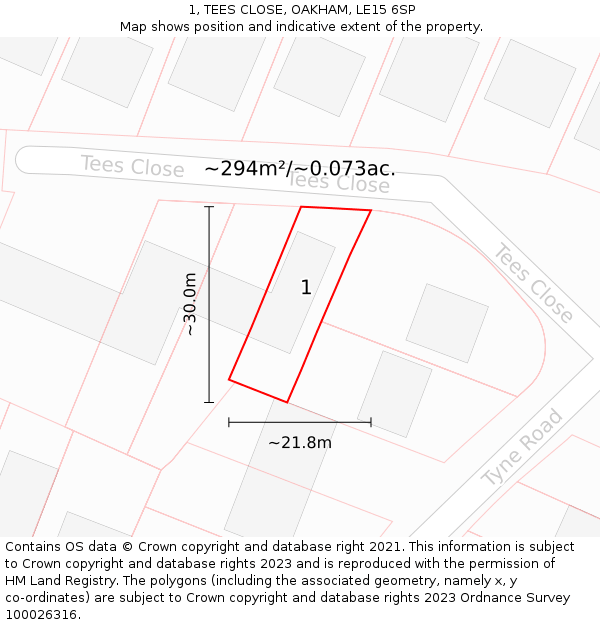 1, TEES CLOSE, OAKHAM, LE15 6SP: Plot and title map