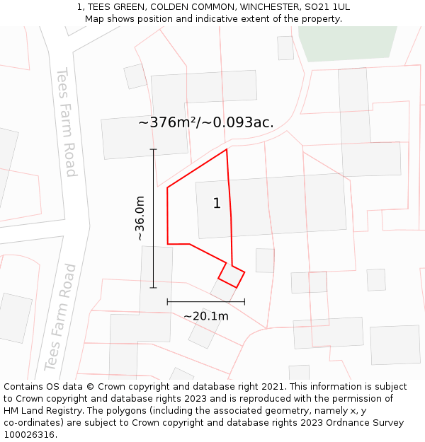 1, TEES GREEN, COLDEN COMMON, WINCHESTER, SO21 1UL: Plot and title map