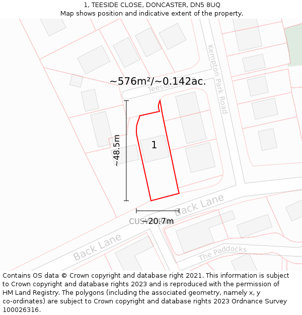 1, TEESIDE CLOSE, DONCASTER, DN5 8UQ: Plot and title map