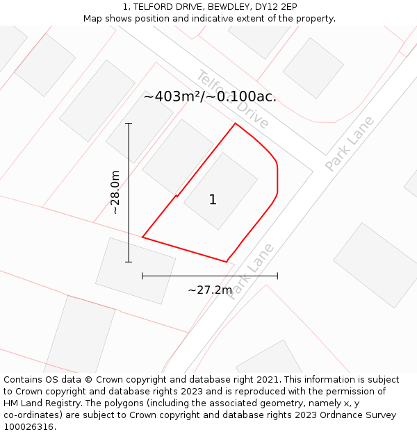 1, TELFORD DRIVE, BEWDLEY, DY12 2EP: Plot and title map