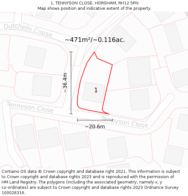 1, TENNYSON CLOSE, HORSHAM, RH12 5PN: Plot and title map