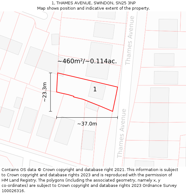 1, THAMES AVENUE, SWINDON, SN25 3NP: Plot and title map