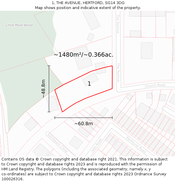 1, THE AVENUE, HERTFORD, SG14 3DG: Plot and title map