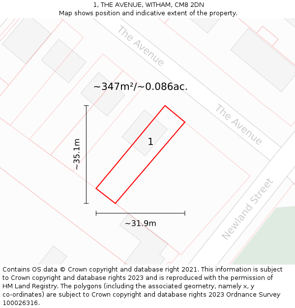 1, THE AVENUE, WITHAM, CM8 2DN: Plot and title map