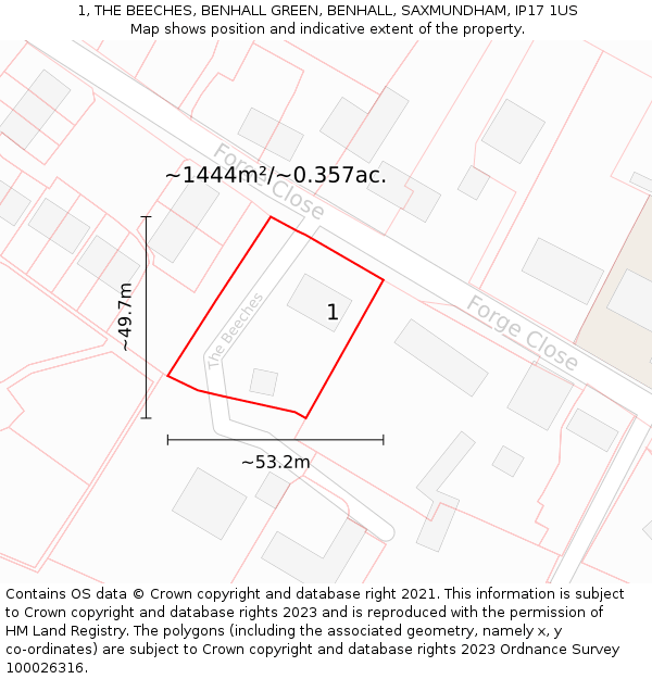 1, THE BEECHES, BENHALL GREEN, BENHALL, SAXMUNDHAM, IP17 1US: Plot and title map