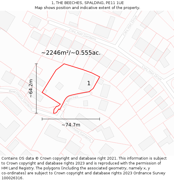 1, THE BEECHES, SPALDING, PE11 1UE: Plot and title map