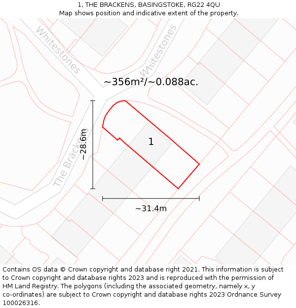 1, THE BRACKENS, BASINGSTOKE, RG22 4QU: Plot and title map