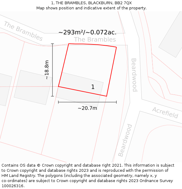 1, THE BRAMBLES, BLACKBURN, BB2 7QX: Plot and title map