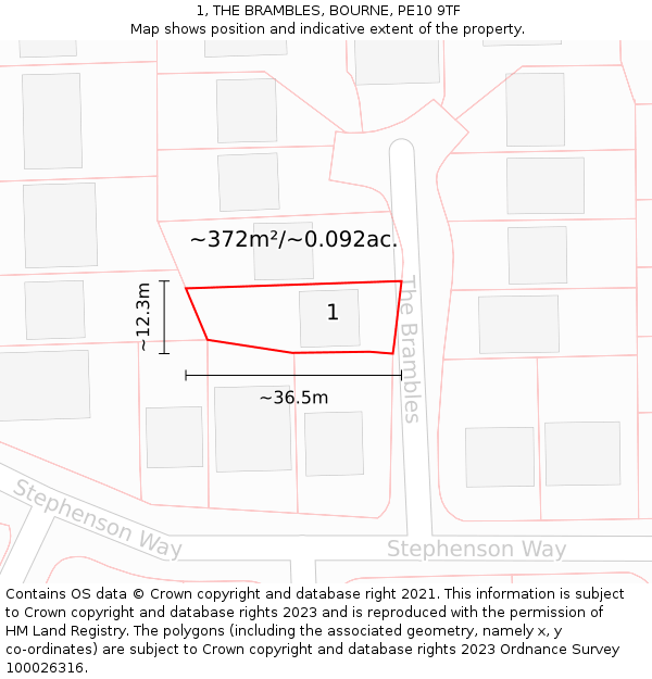 1, THE BRAMBLES, BOURNE, PE10 9TF: Plot and title map