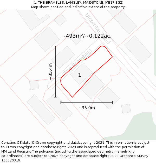 1, THE BRAMBLES, LANGLEY, MAIDSTONE, ME17 3GZ: Plot and title map